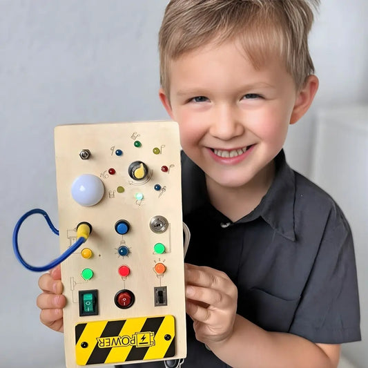 Montessori busy board with LED switches for toddler sensory learning