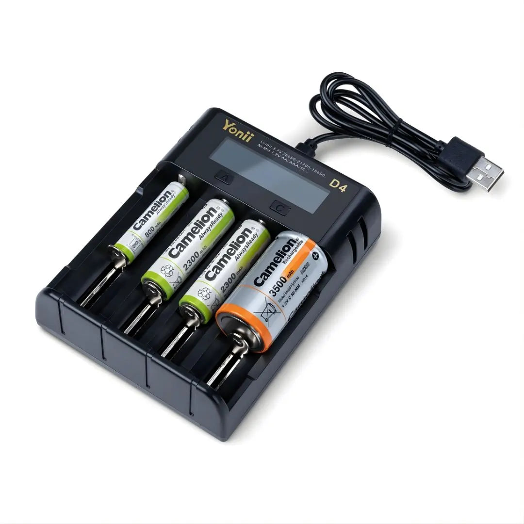 Fast charging for 4 batteries with this universal charger.