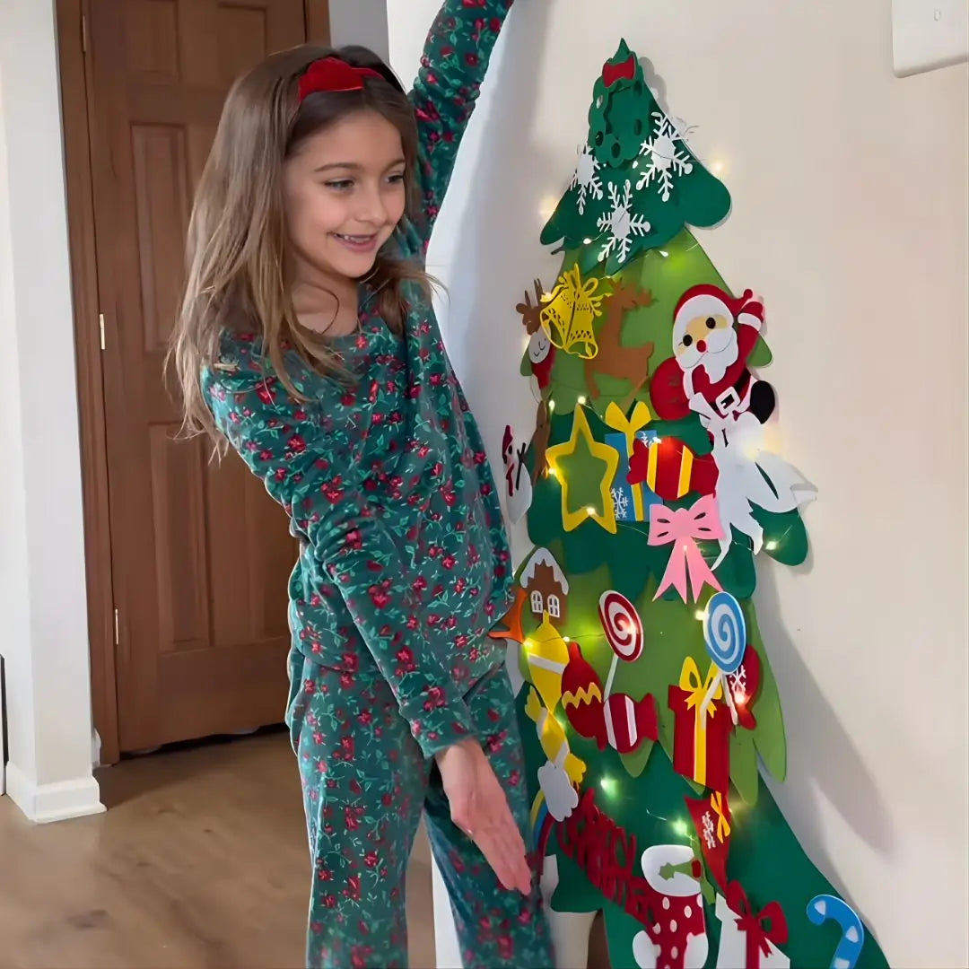 Felt Christmas tree set for kids, Montessori-themed holiday activity with easy-to-move decorations for creative play.