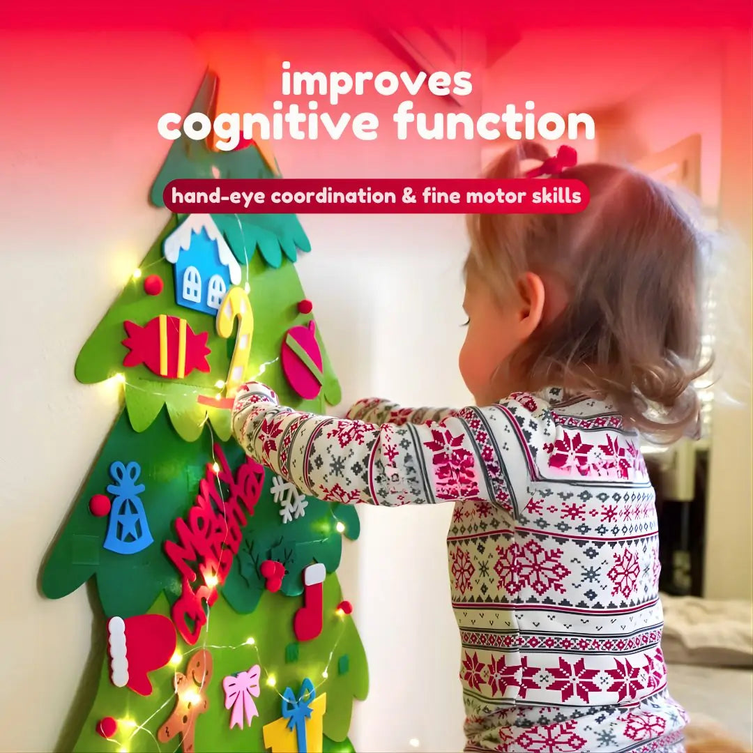 Montessori-inspired felt Christmas tree for children, fostering fine motor skills and creativity during the holiday season.