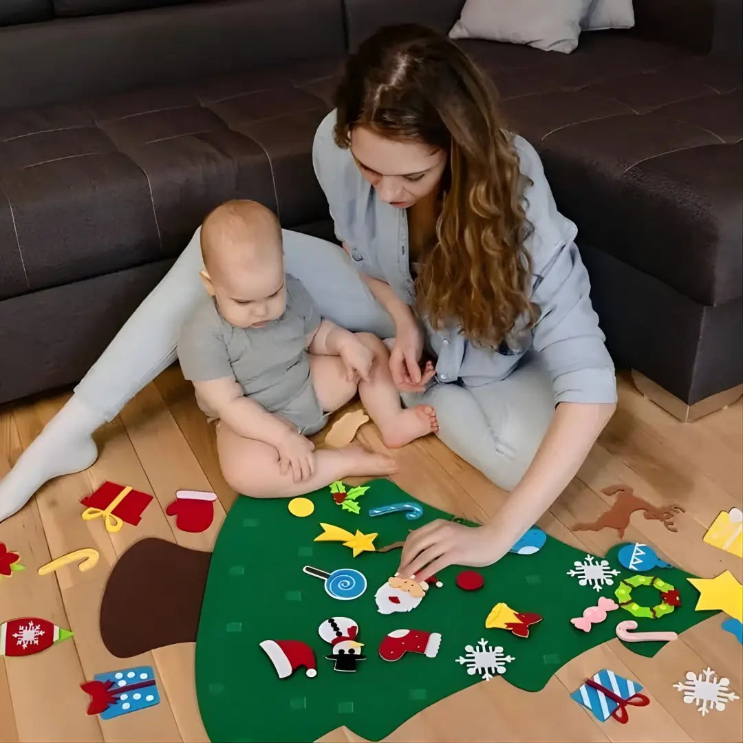 Felt Christmas tree set for kids, Montessori-themed holiday activity with easy-to-move decorations for creative play.