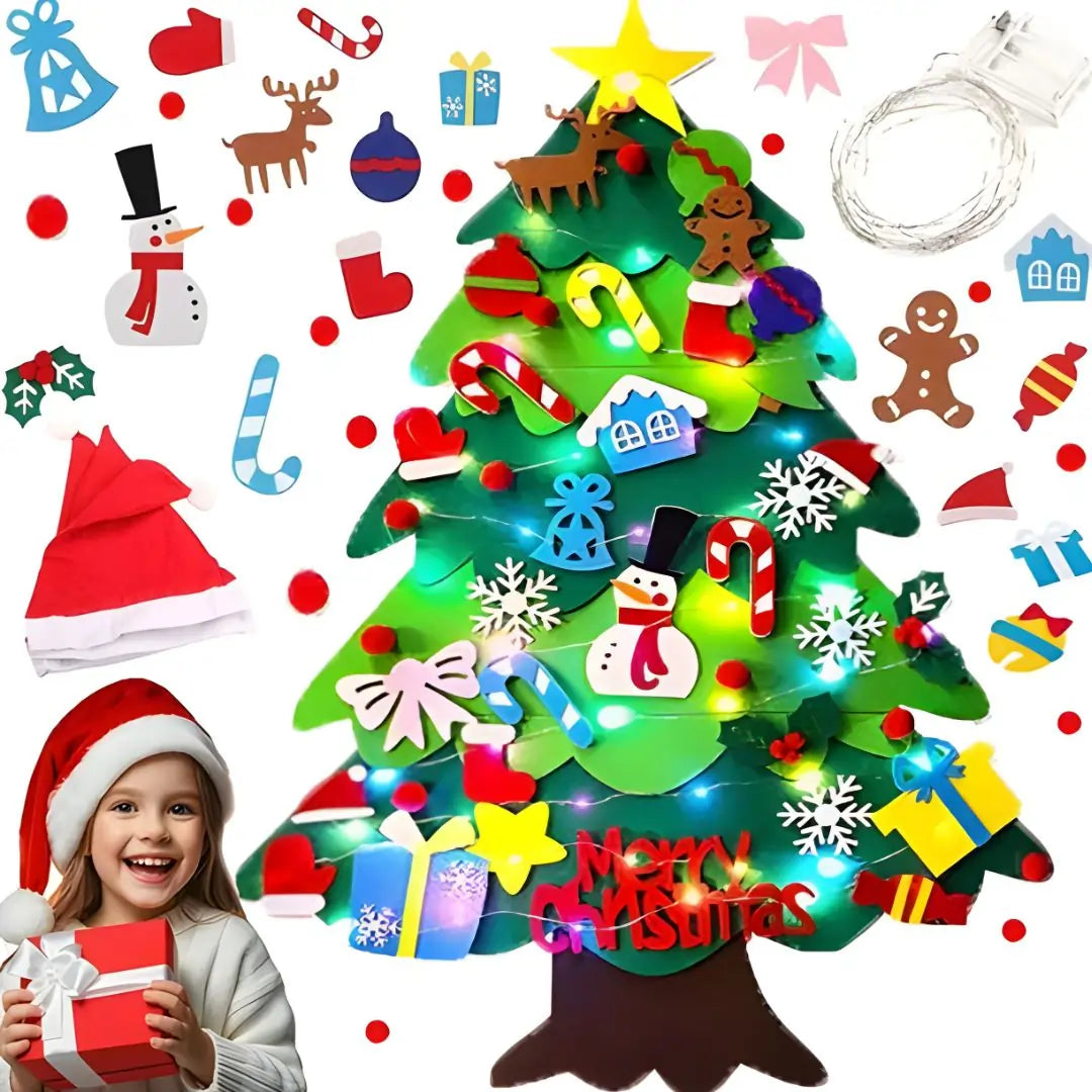 Felt Christmas tree for children, Montessori-inspired holiday decoration with 32 colorful ornaments.
