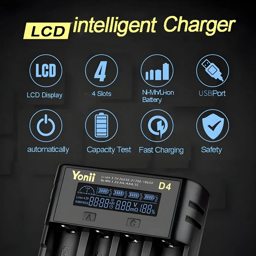 4-slot digital battery charger with USB cable!