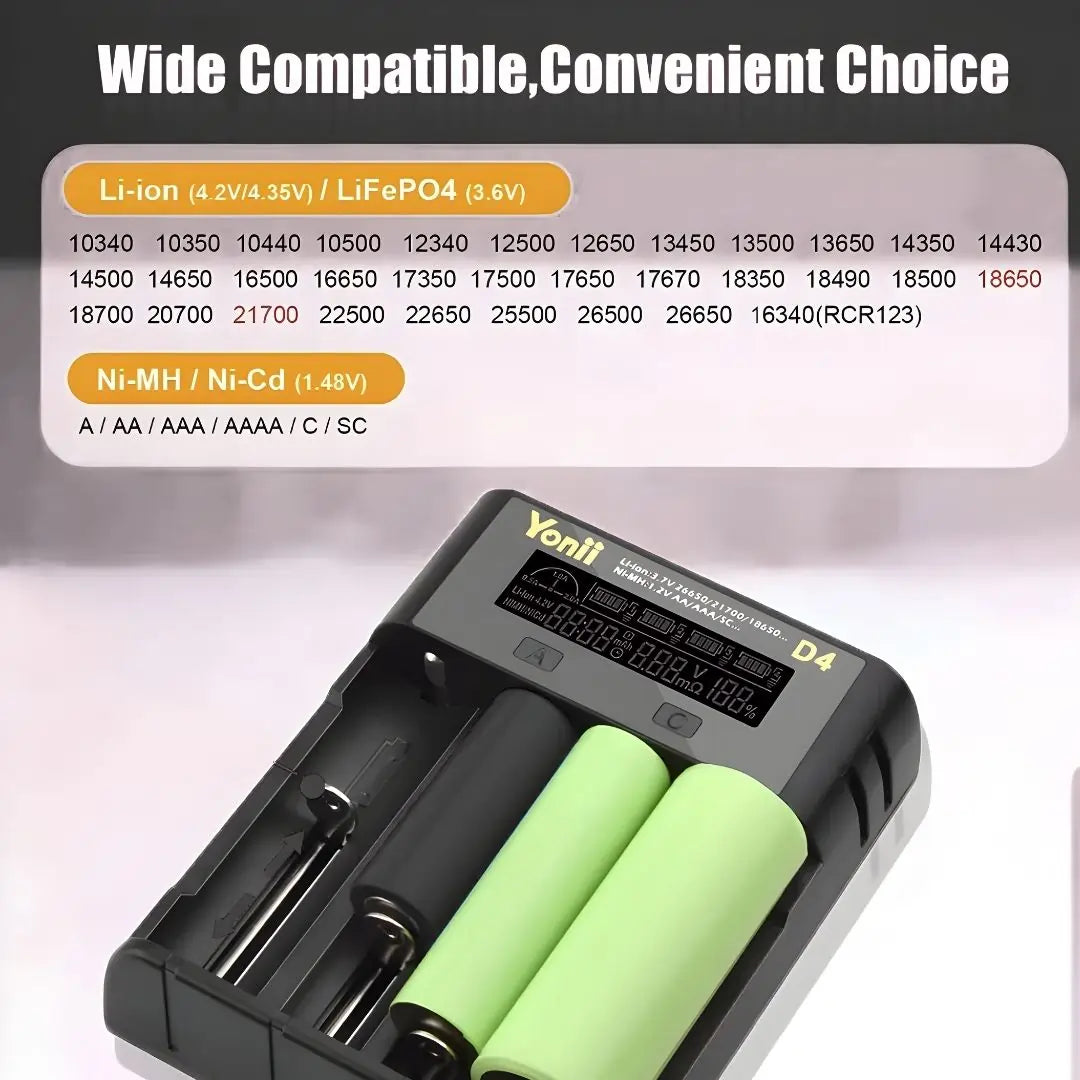 4-slot digital battery charger with USB cable.