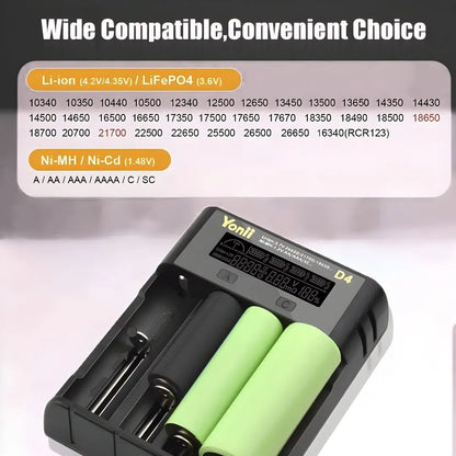4-slot digital battery charger with USB cable.