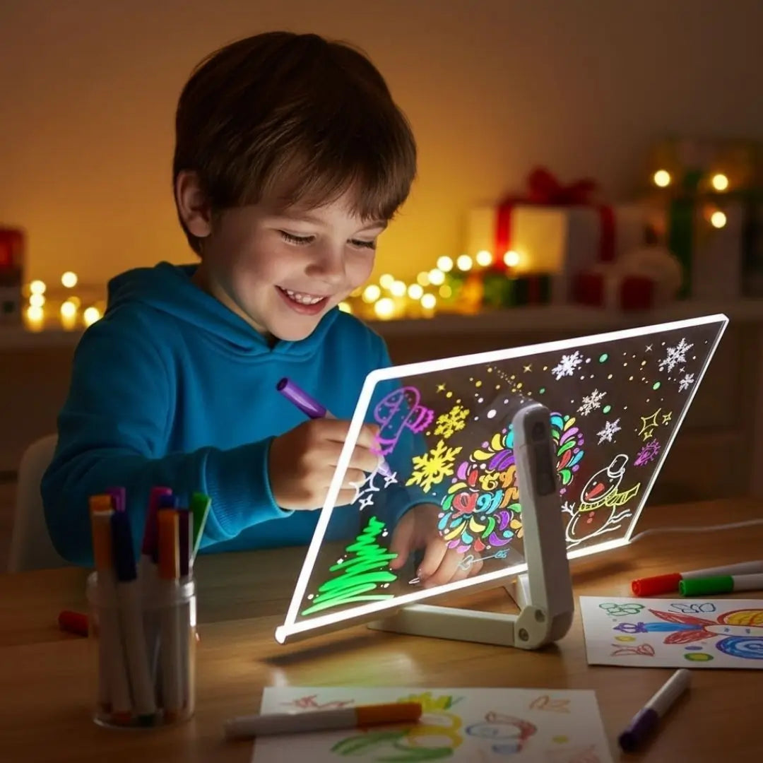Child proudly showing glowing artwork created on the LumiBoard light-up drawing board.