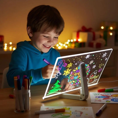 Child proudly showing glowing artwork created on the LumiBoard light-up drawing board.