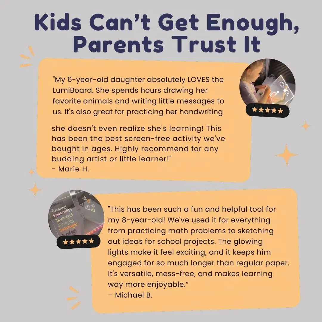 Child proudly showing glowing artwork created on the LumiBoard light-up drawing board2