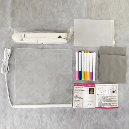 Child proudly showing glowing artwork created on the LumiBoard light-up drawing board3